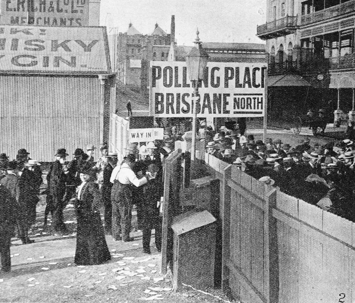 Women inside the gate of the city polling station, voting for the first time in a Queensland state election, May 1907 [suffragette movement in Queensland], Brisbane