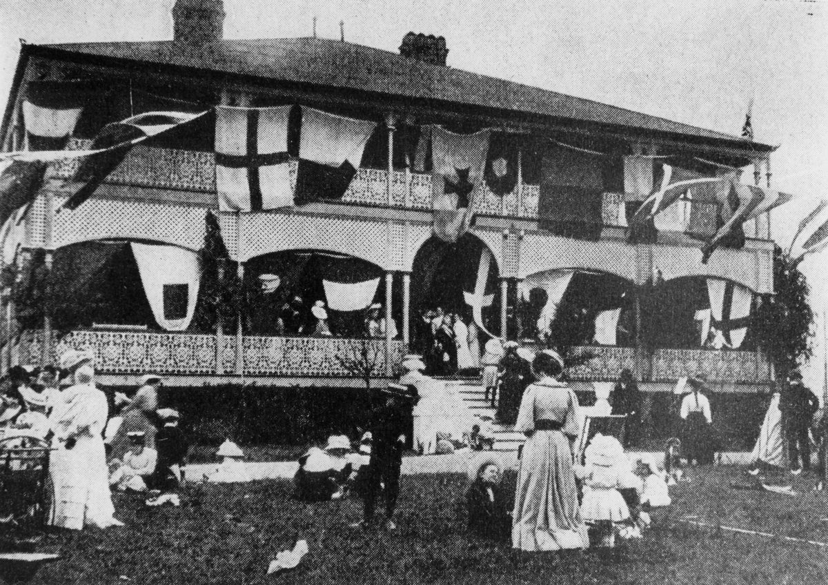 Ashton Hall decorated for a fete, Clayfield, Brisbane, 1907