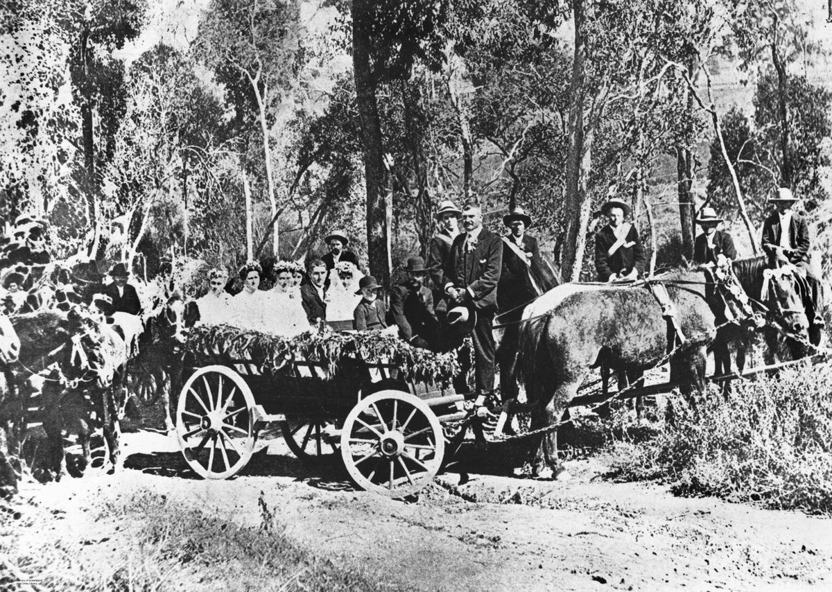 Wagon wedding party, West Moreton, 1907, Ipswich