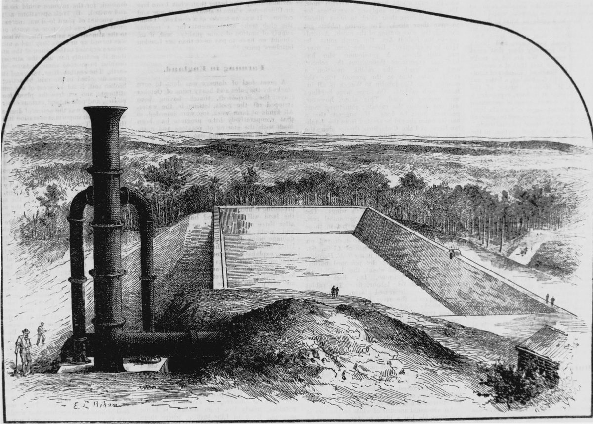 Standpipe and reservoir at the summit of Mount Crosby, 1891