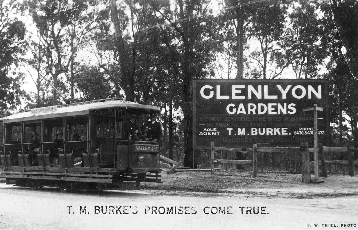 Tramdrivers and passengers in a tram at Ashgrove, Brisbane, 1923