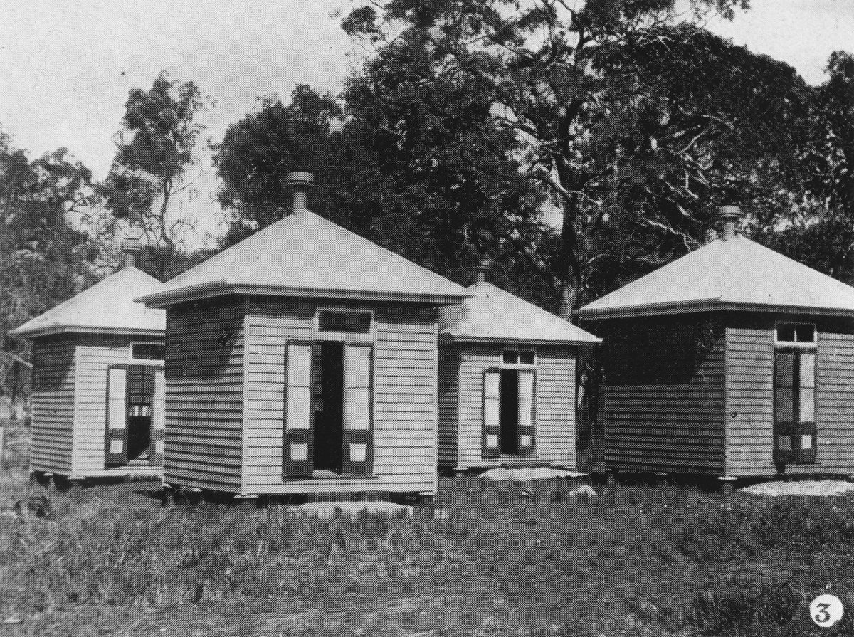 Huts constructed for patients on Peel Island, Moreton Bay, 1907