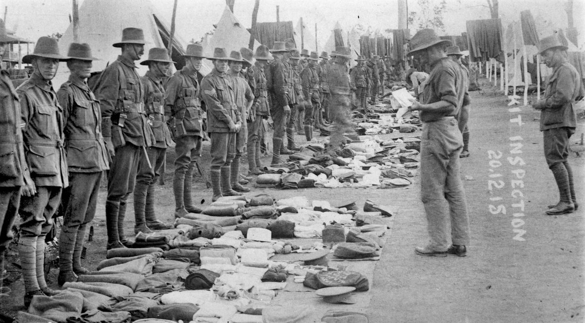 Kit inspection at the Army camp, Brisbane, 1915, Enoggera