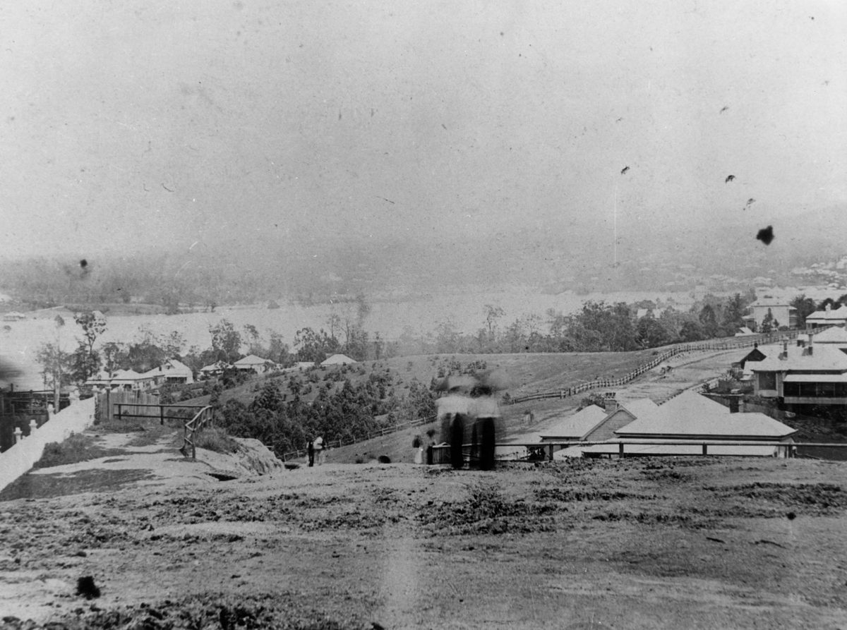 Flooding of Brisbane River in 1893 viewed from Dornoch Terrace, Highgate Hill