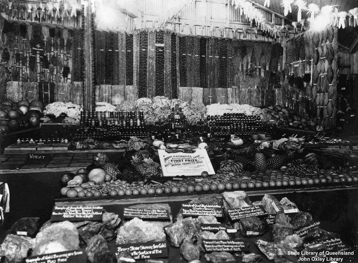 First prize fruit and vegetable exhibit at the Royal National Association Show,Brisbane, Queensland, 1934, Bowen Hills