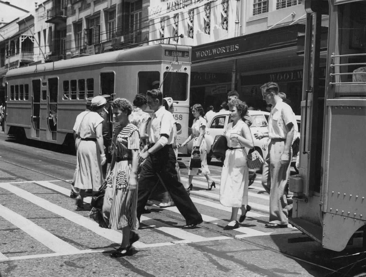 Street scene in Queen Street, between Edward and Albert Streets, Brisbane, 1952, Brisbane City