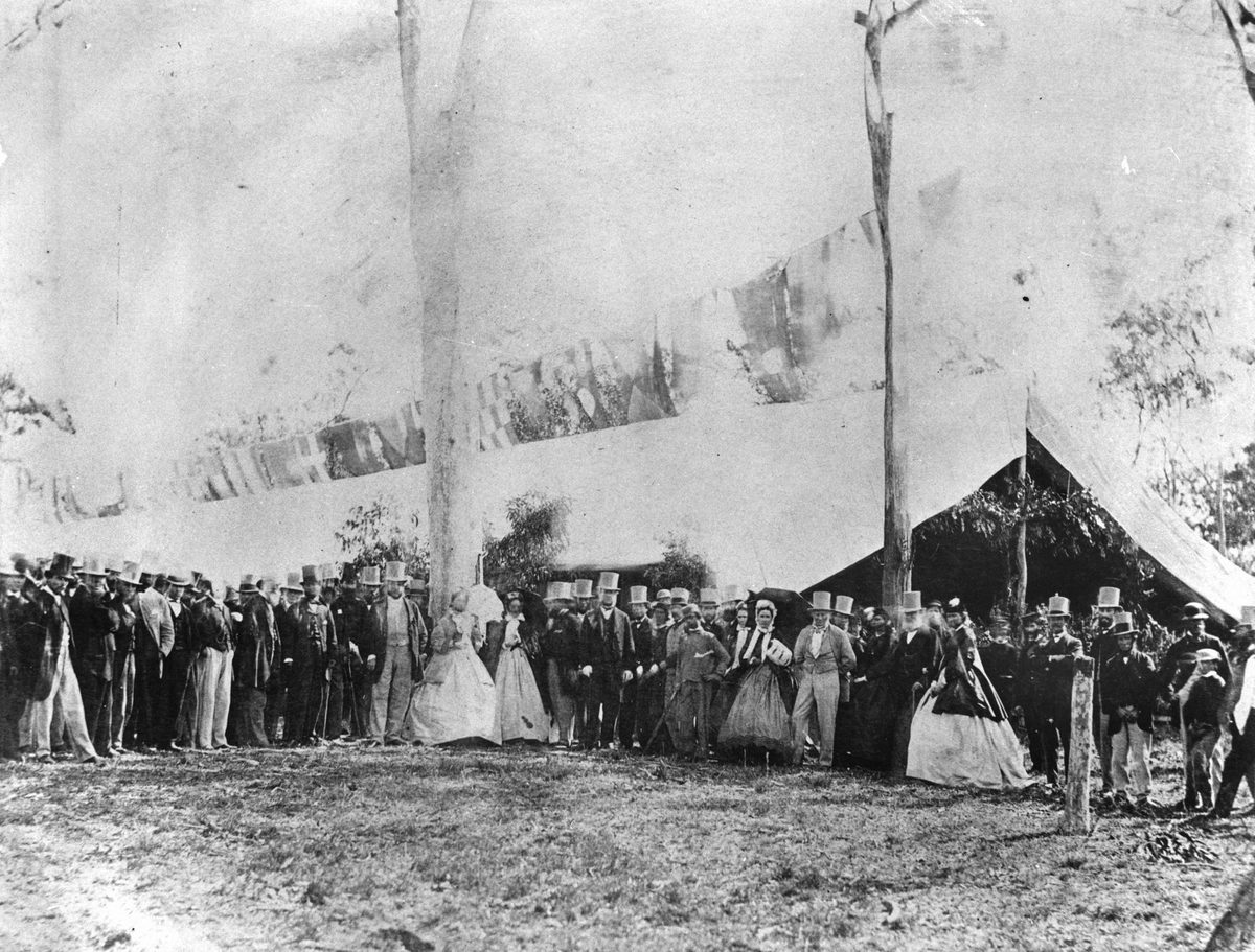 Official guests assembled in Ipswich at the opening of the first railway line from Ipswich to Bigges Camp, 1865