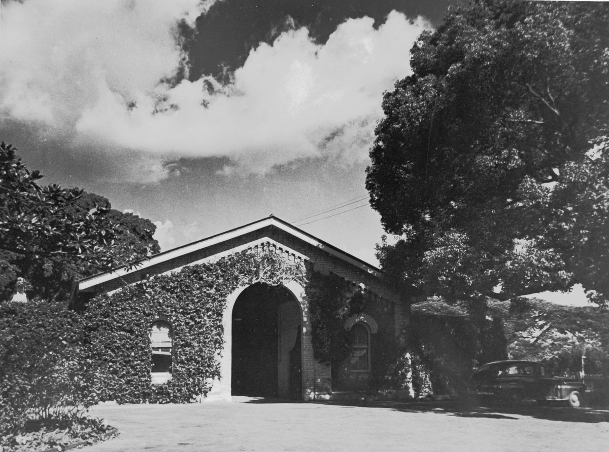 Small ivy-covered cottage in the grounds of Parliament House, Brisbane, 1950, Brisbane City