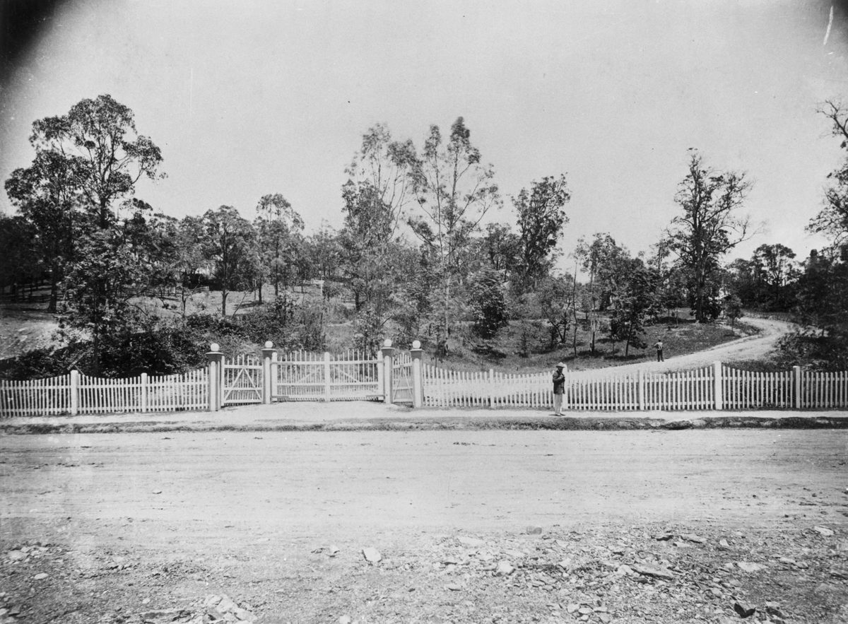Front fence and gated entrance to the driveway of Folkstone, 1885, Newstead