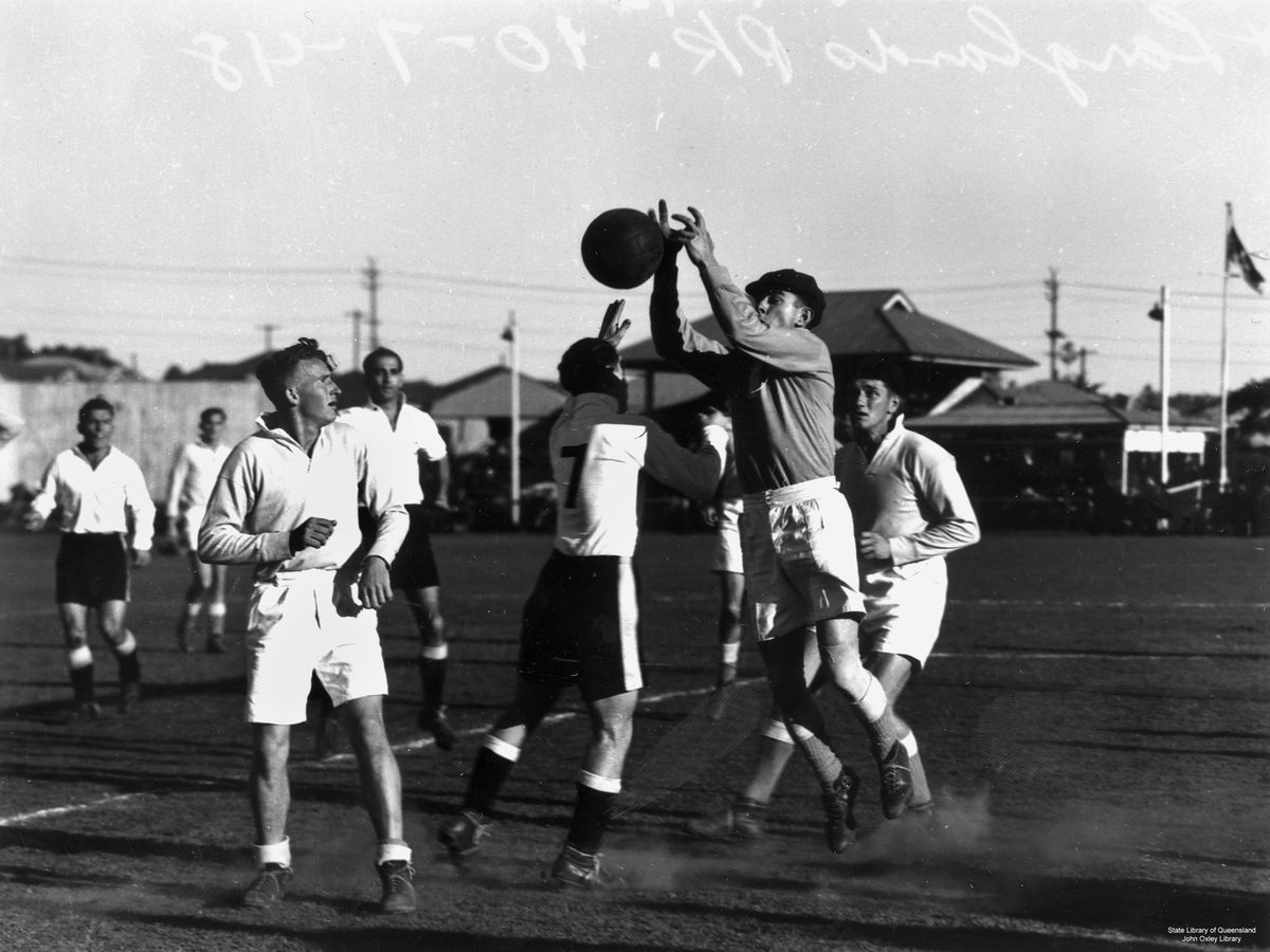 Soccer game at Langlands Park, Wooloongabba, Brisbane, 1948, Woolloongabba