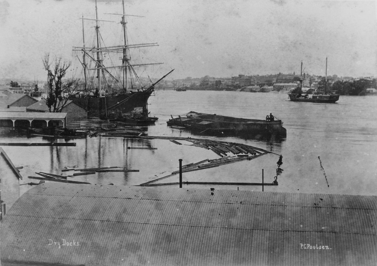 Scene at dry docks, South Brisbane, during March 1890 flood