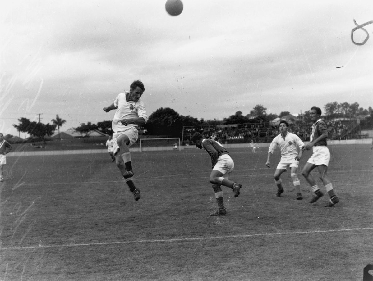 Queensland plays New South Wales in a soccer match at The 'Gabba, 1950, Woolloongabba