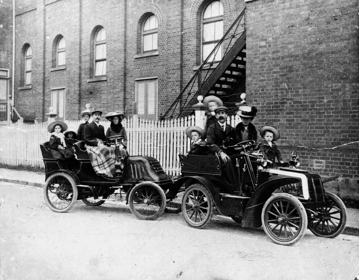 Outing the Trackson and Green families in two early motor vehicles, Brisbane, 1905, Brisbane City