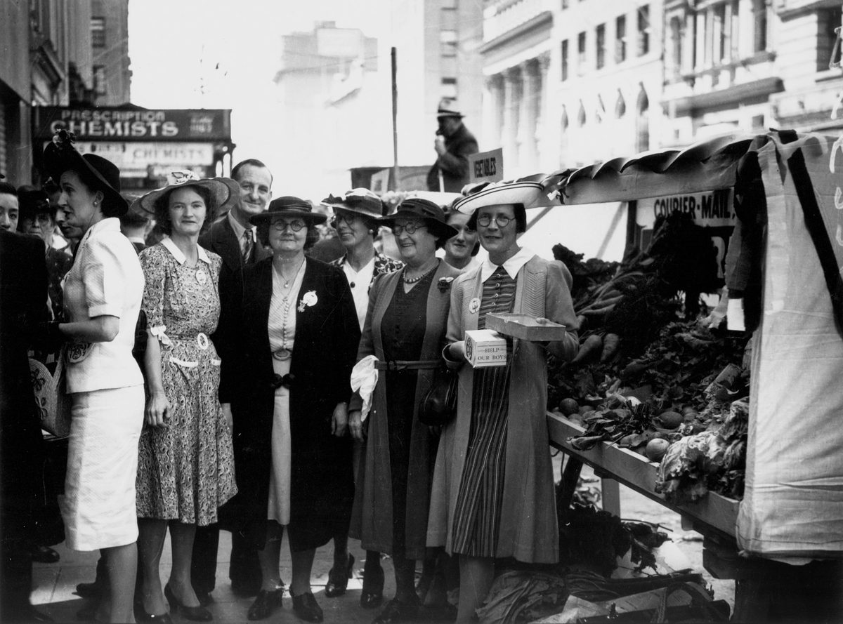Wartime stall held in Queen Street Brisbane, 1942, Brisbane City