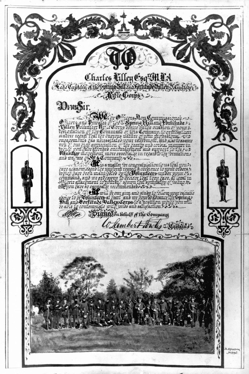 Illuminated address presented to Charles Lilley Esq. MLA by the Spring Hill and Fortitude Valley Volunteer Rifle Corps (1868)
