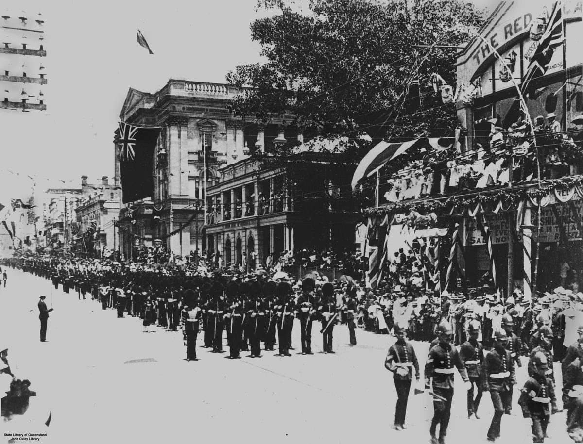 Imperial troops marching down Queen Street, Brisbane, Queensland, 1901, Brisbane City