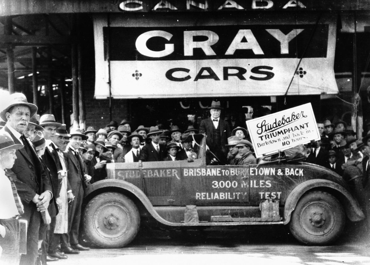 Studebaker roadster back from an endurance run, Brisbane to Burketown and return, 1924