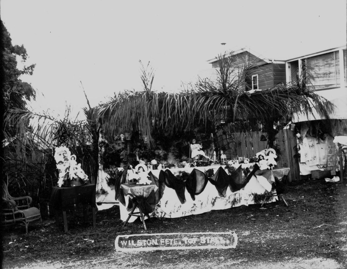 Palm fronds decorate the Toy Stall at the Wilston Fete in Brisbane, 1914