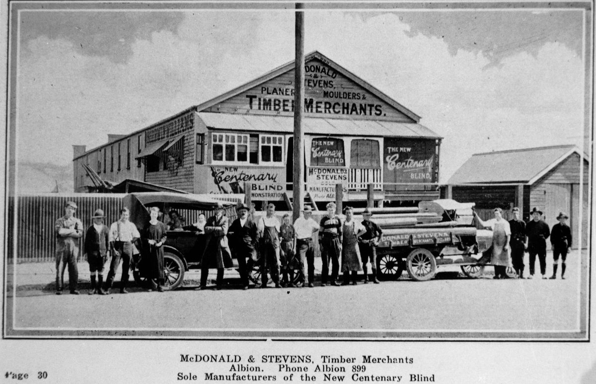Staff standing outside the premises of McDonald & Stevens timber merchants at Albion in 1925