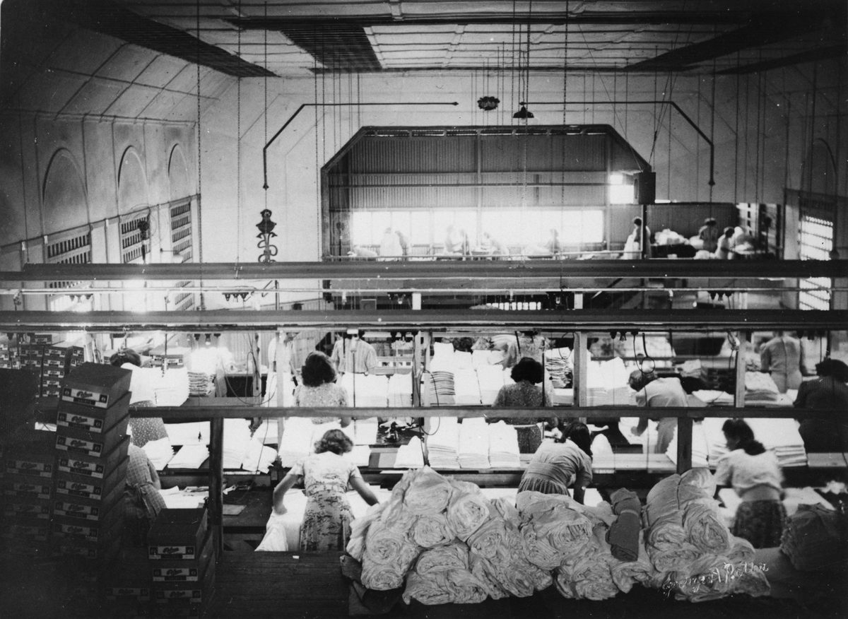 Looking down into the cutting area of the Pelaco Shirt Factory, Sandate, 1948, Sandgate