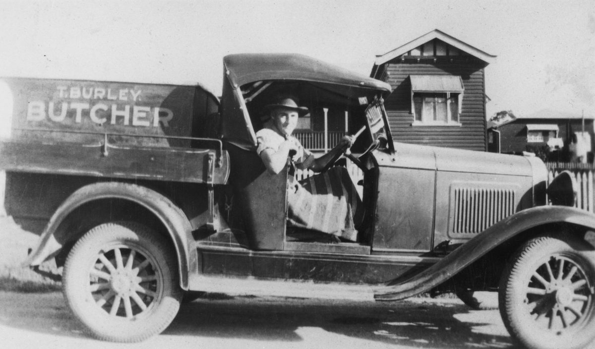 T. Burley the butcher in his delivery truck, Alderley, Brisbane, 1933