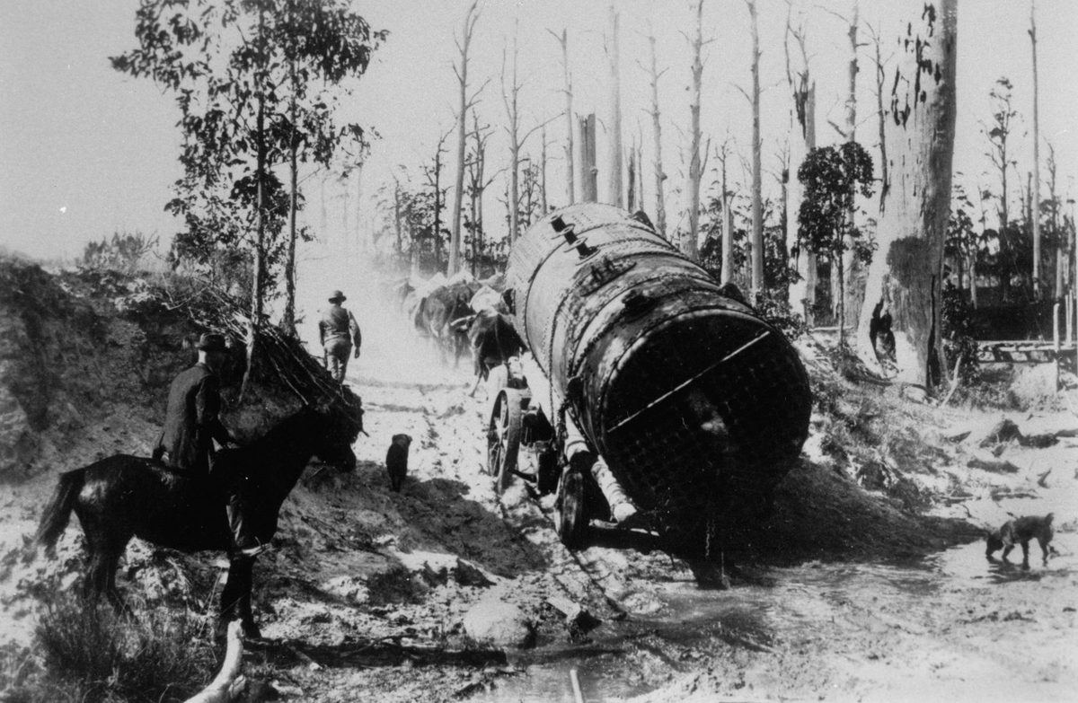 Lancashire boiler being transported to Mount Crosby, 1891