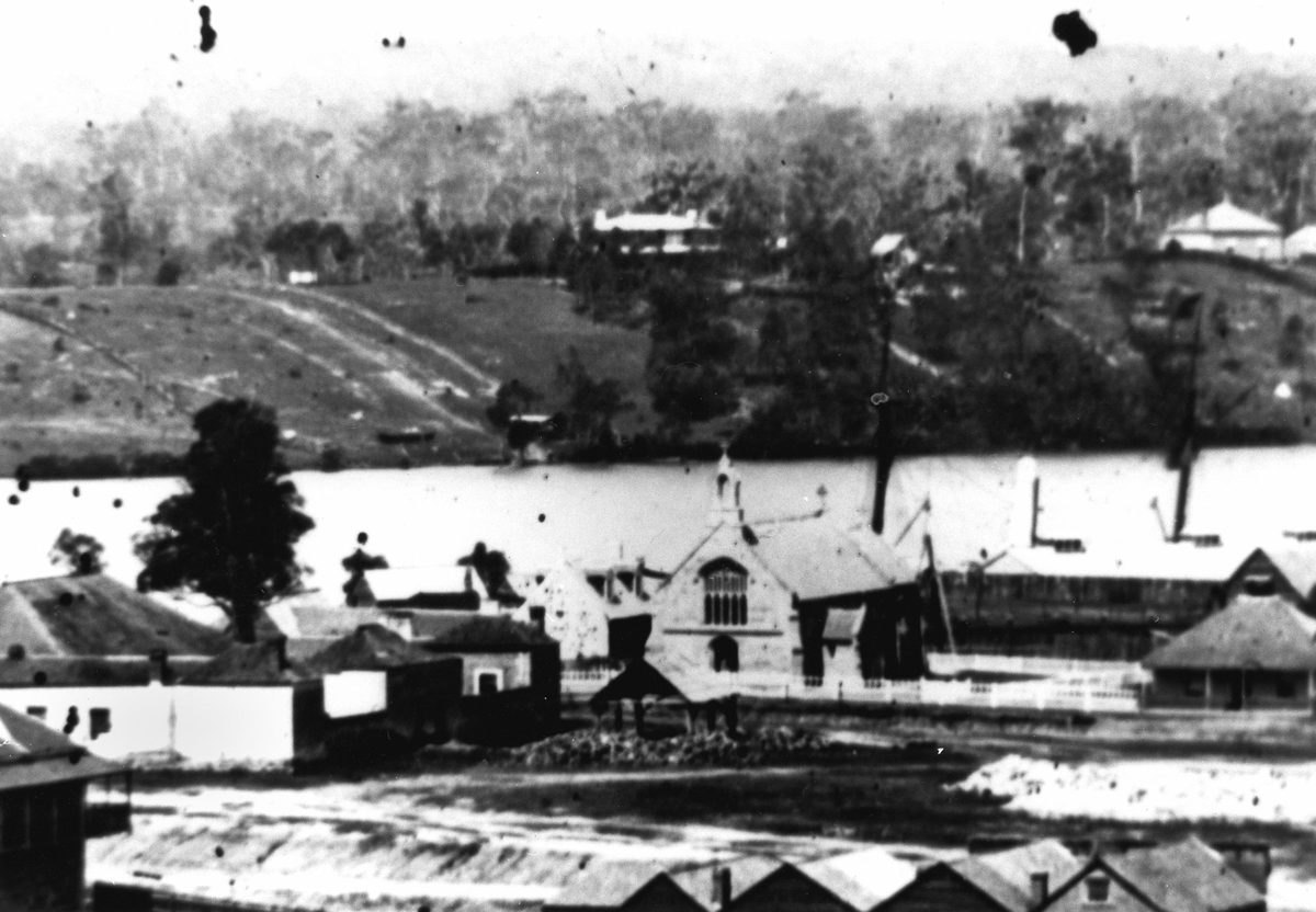 St Stephen's church in the centre of a panoramic view taken in 1862, Brisbane