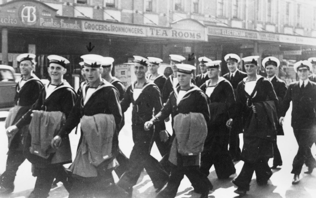 Sailors march along Queen Street, Brisbane, 1940, Brisbane City