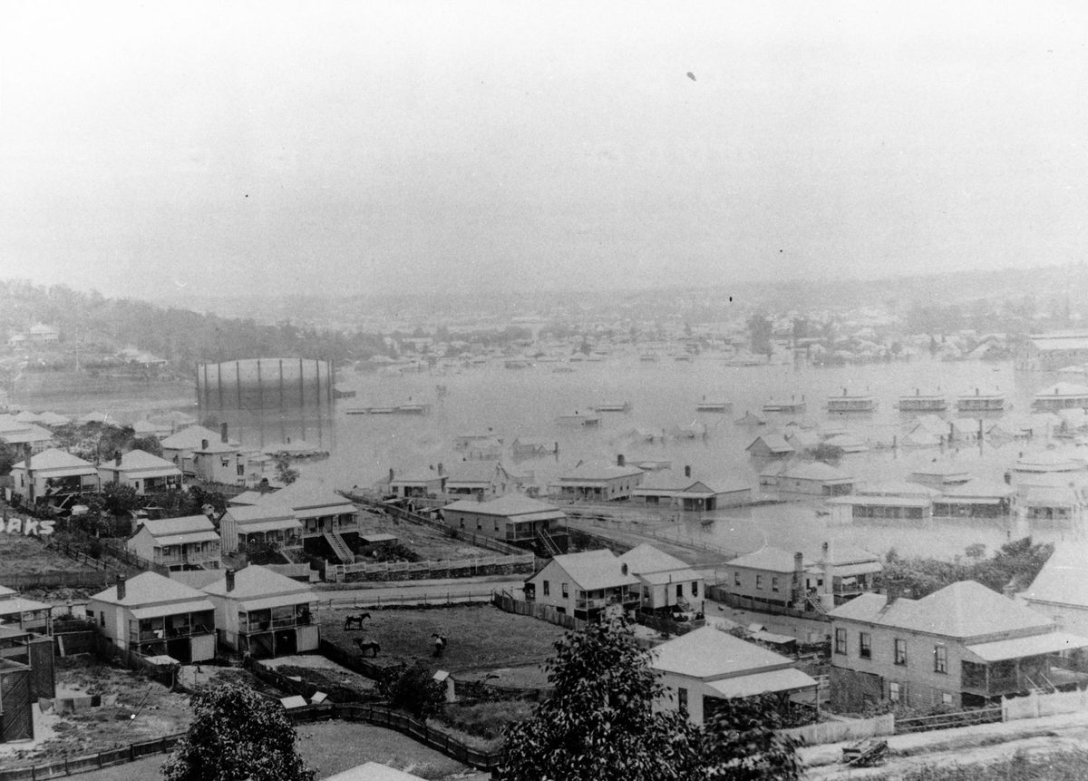 Elevated view of Fortitude Valley during the 1893 Brisbane flood