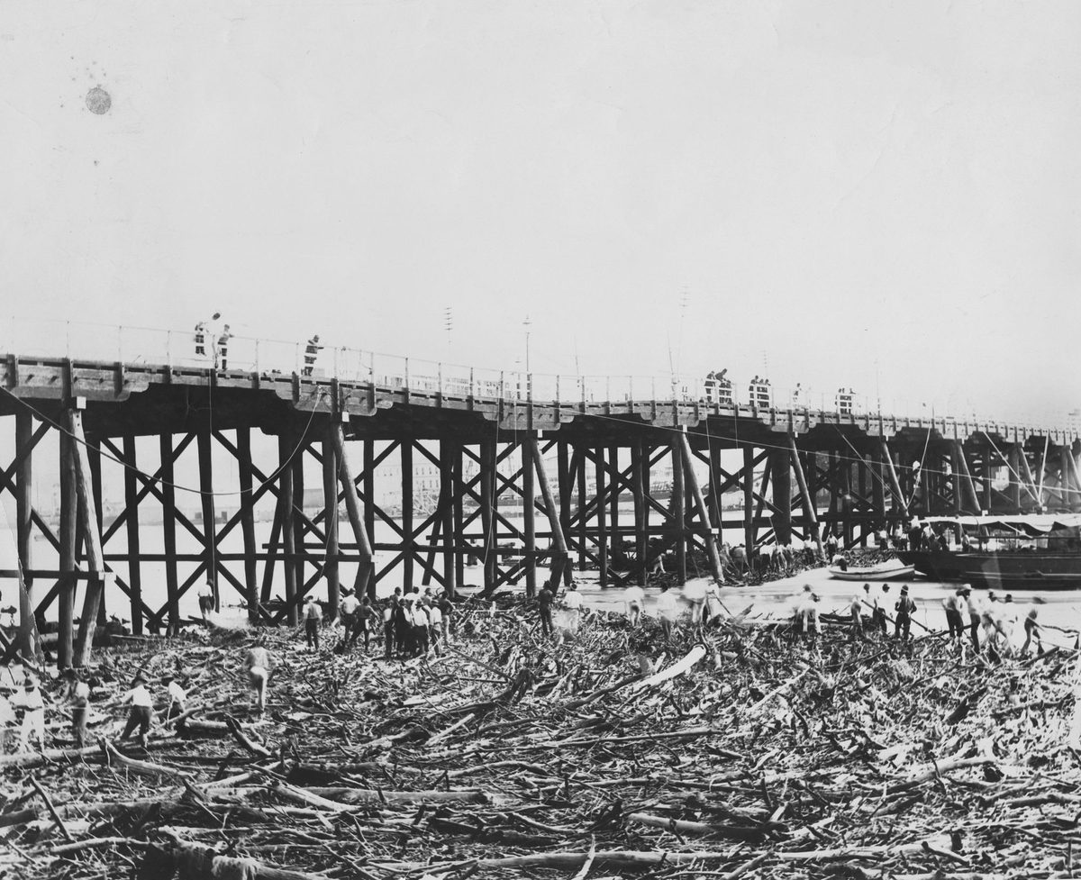 Workers below Victoria Bridge, cleaning up debris after the flood, Brisbane, 1896, Brisbane City