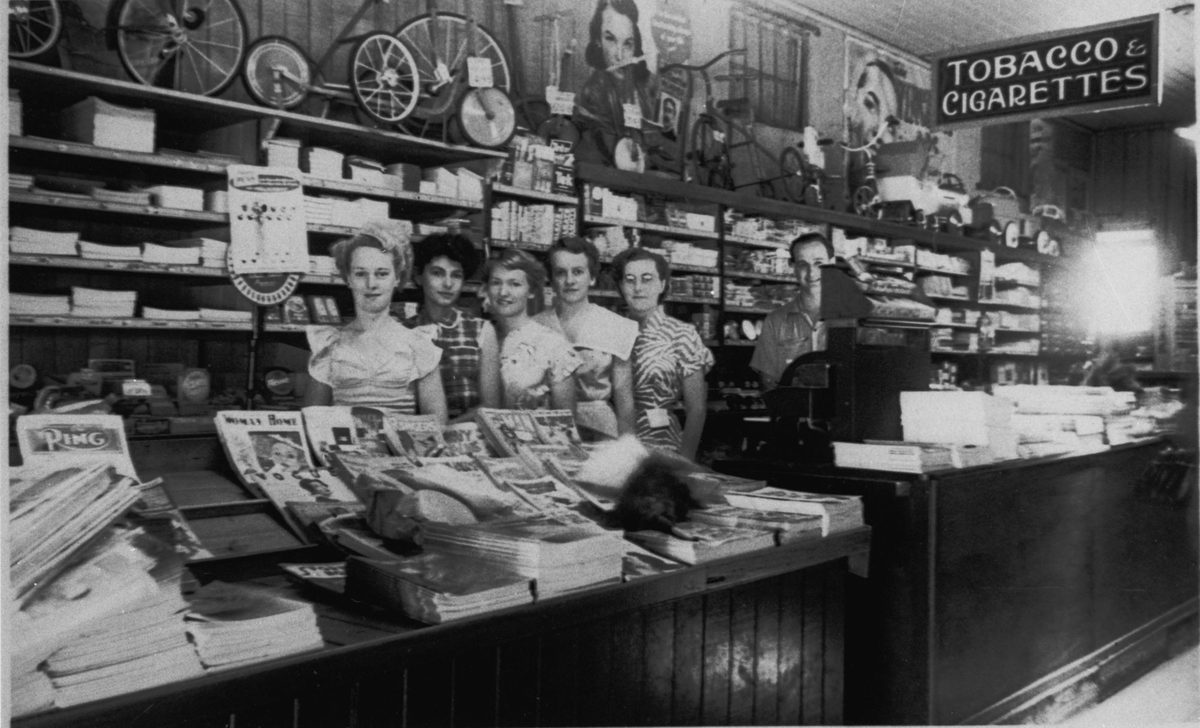 Alan Chapman and staff at Chapman & Morteson's Newsagents, Sandgate (1951)