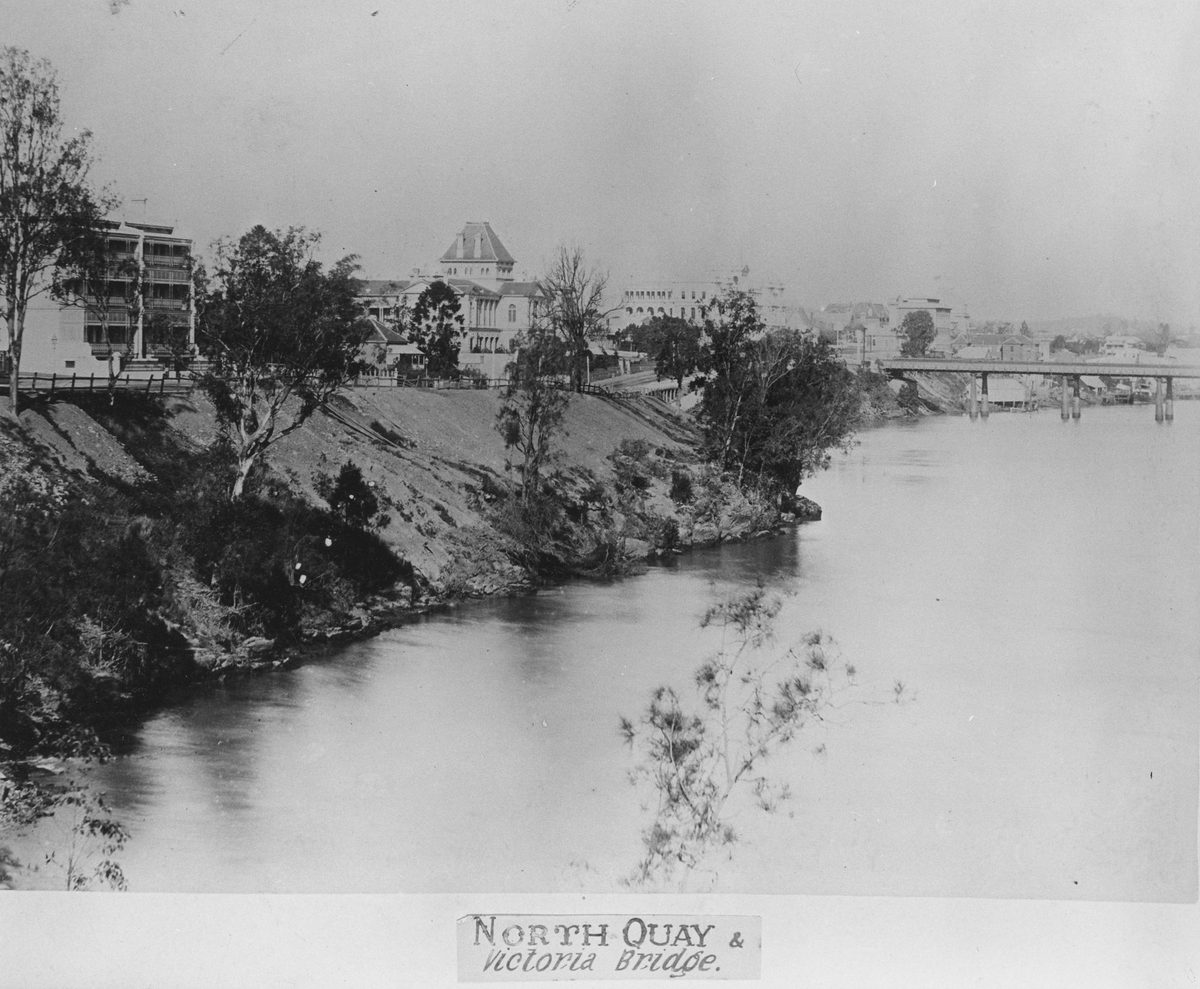 North Quay as seen from the river, looking towards Victoria Bridge, Brisbane, 1889, Brisbane City