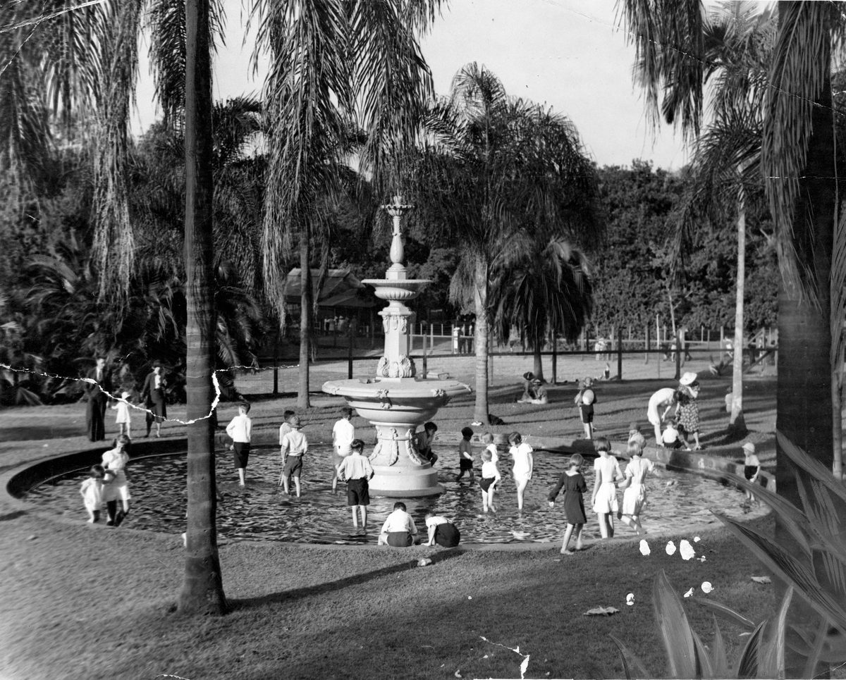 Children enjoy the wading pool at Brisbane Botanical Gardens, 1938
