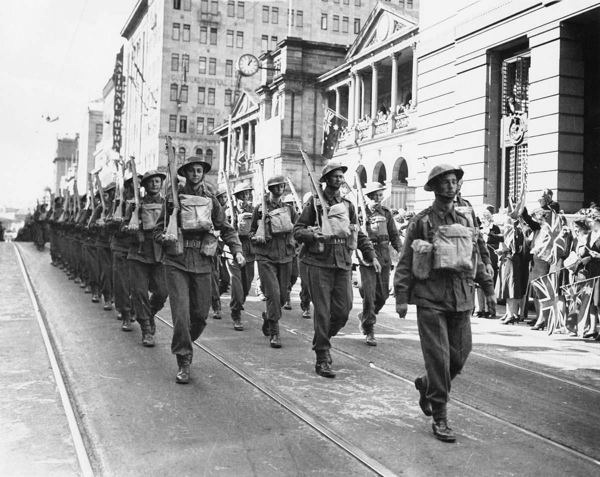 Soldiers marching down Queen Street, past the General Post Office, Brisbane, 1942, Brisbane City