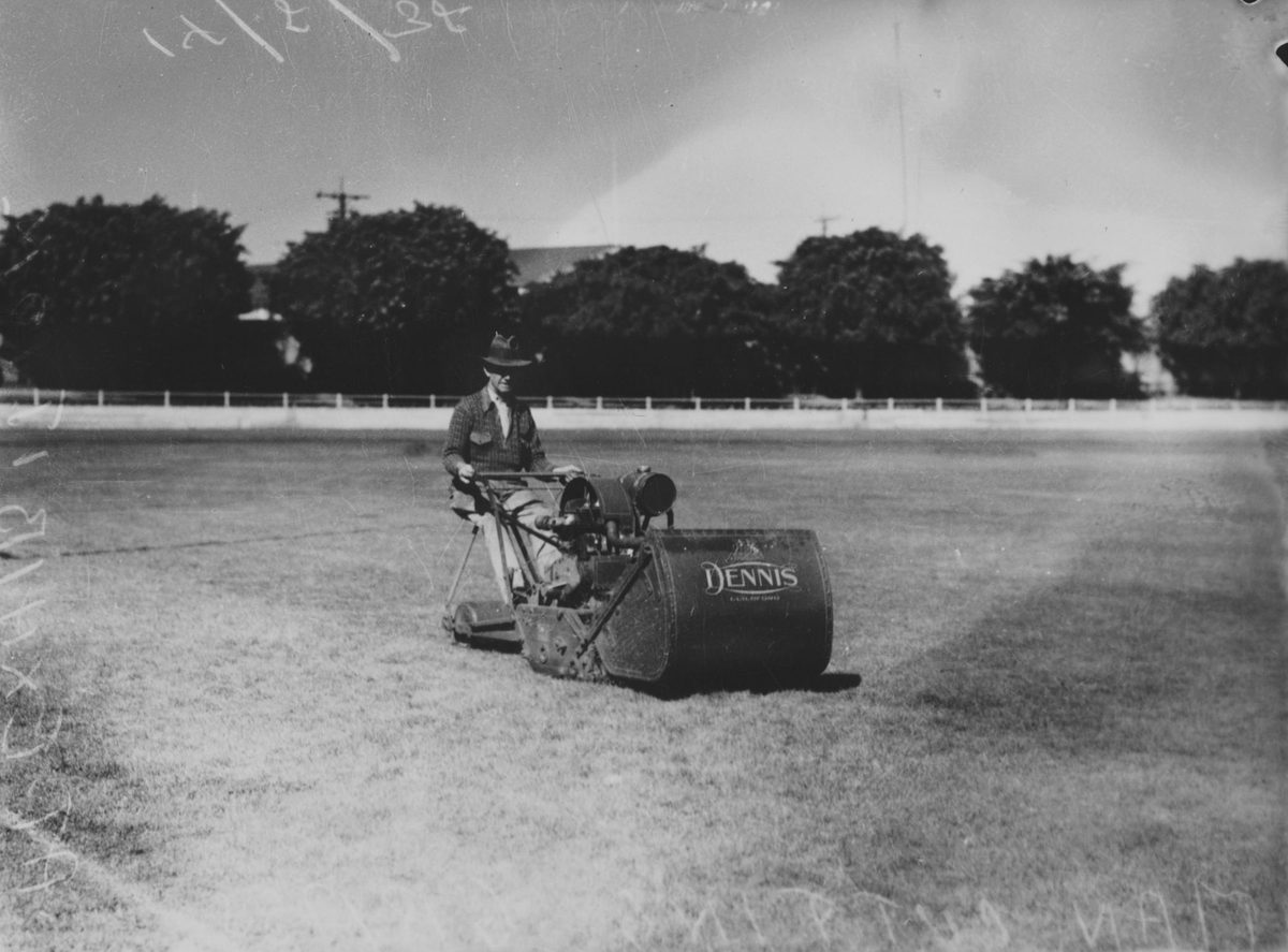Lawn mowing at the Brisbane Exhibition grounds, 1938, Bowen Hills