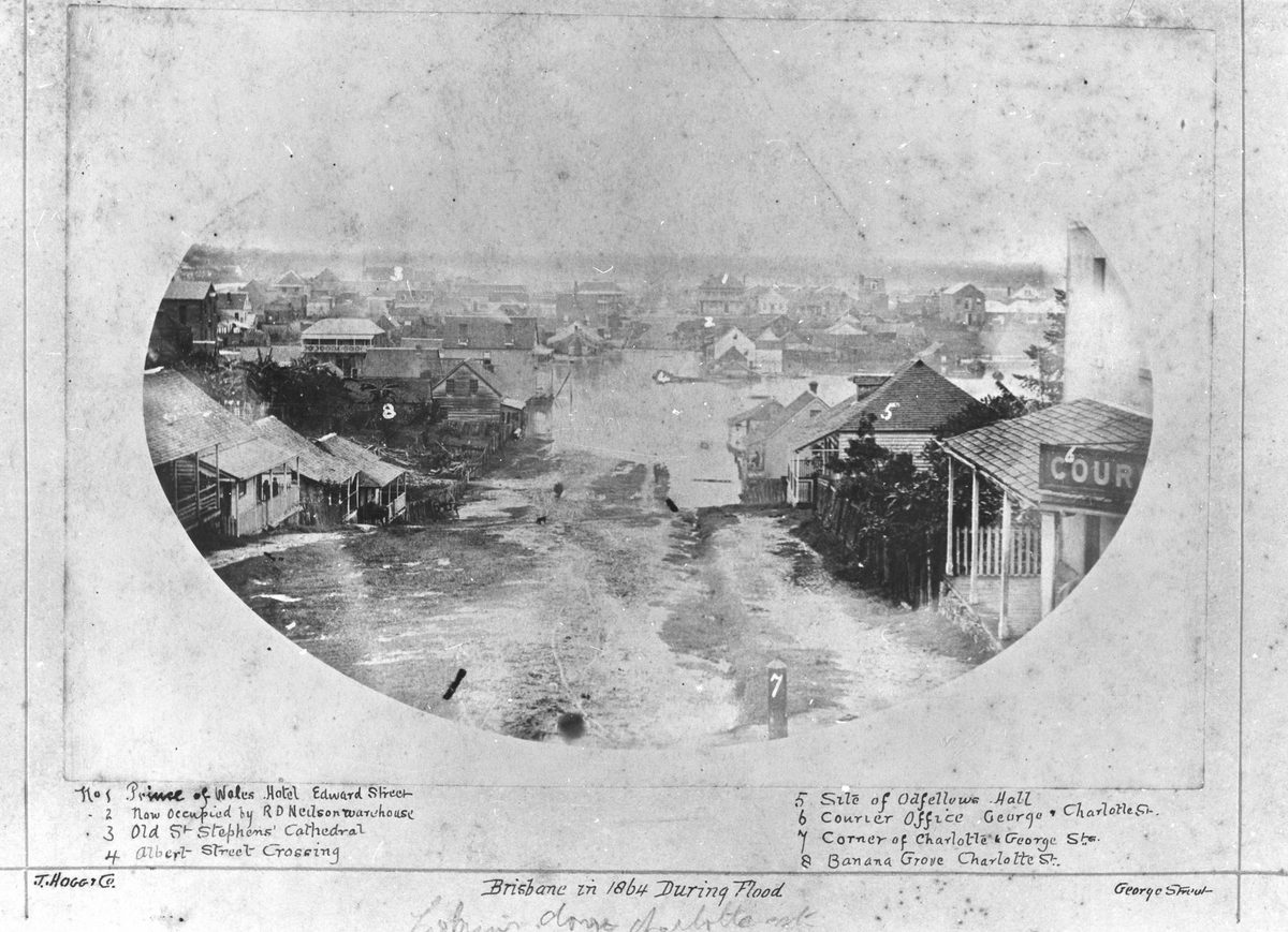 View looking down Charlotte Street, Brisbane, during the flood of 1864, Brisbane City