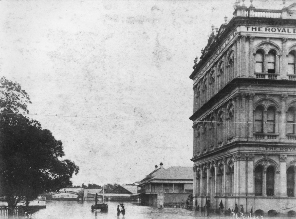 Brisbane city streets in flood, 1890, Creek and Elizabeth Streets