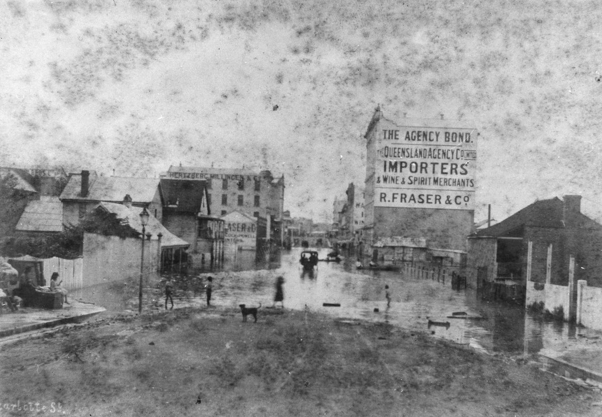 Charlotte Street, Brisbane, Queensland in flood, 1890, Brisbane City