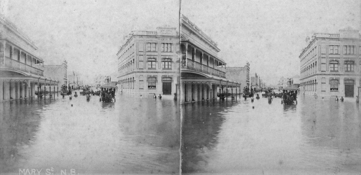 Stereoscopic view of Mary Street, Brisbane in flood, 1890, Brisbane City
