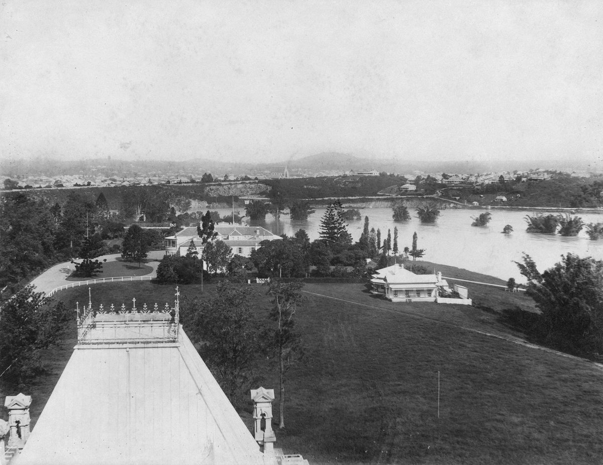 View of Old Government House seen from Parliament House, during the 1890 Brisbane floods, Brisbane City