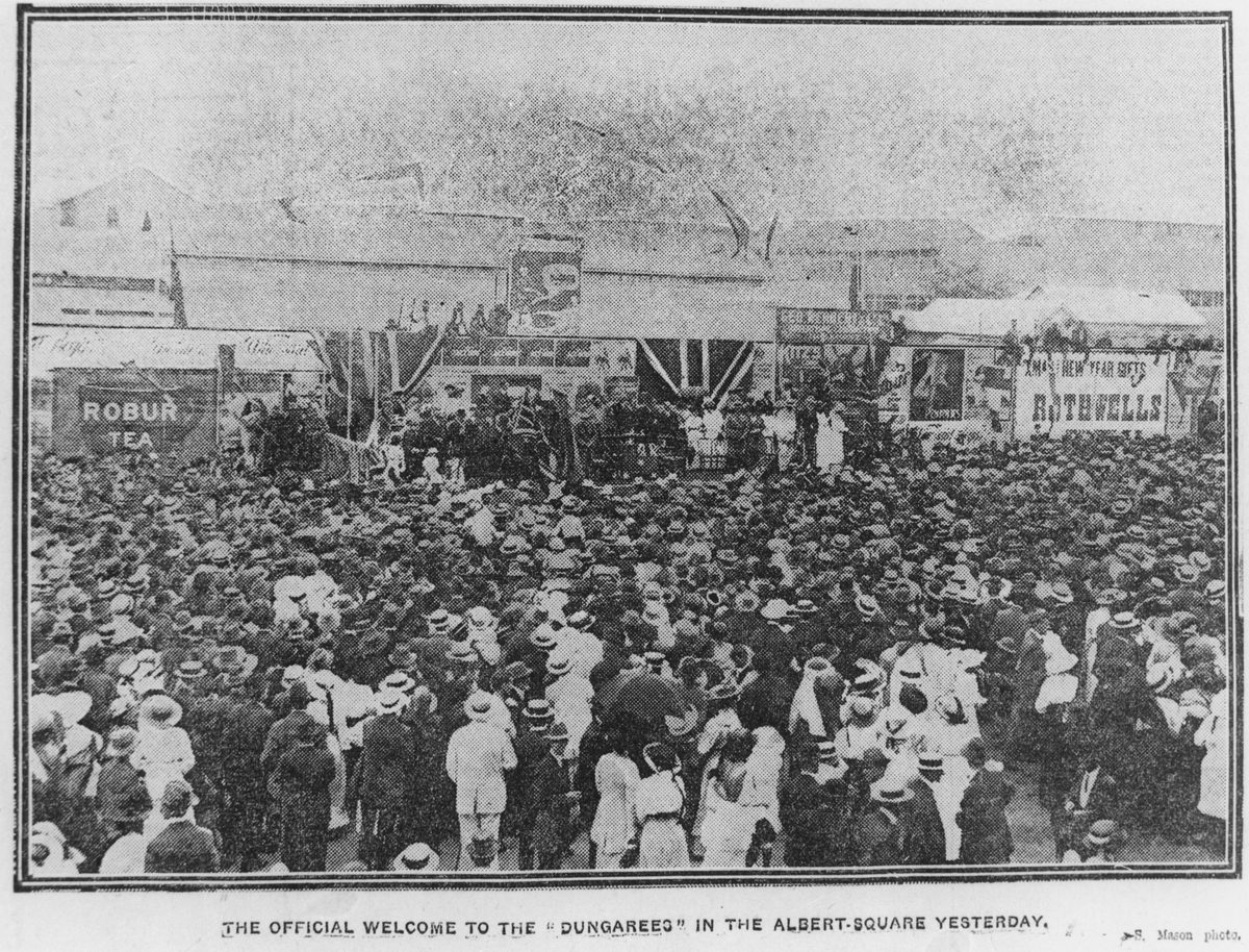 Official welcome to the Dungarees in Albert Square, Brisbane, Queensland, 1915, Brisbane City