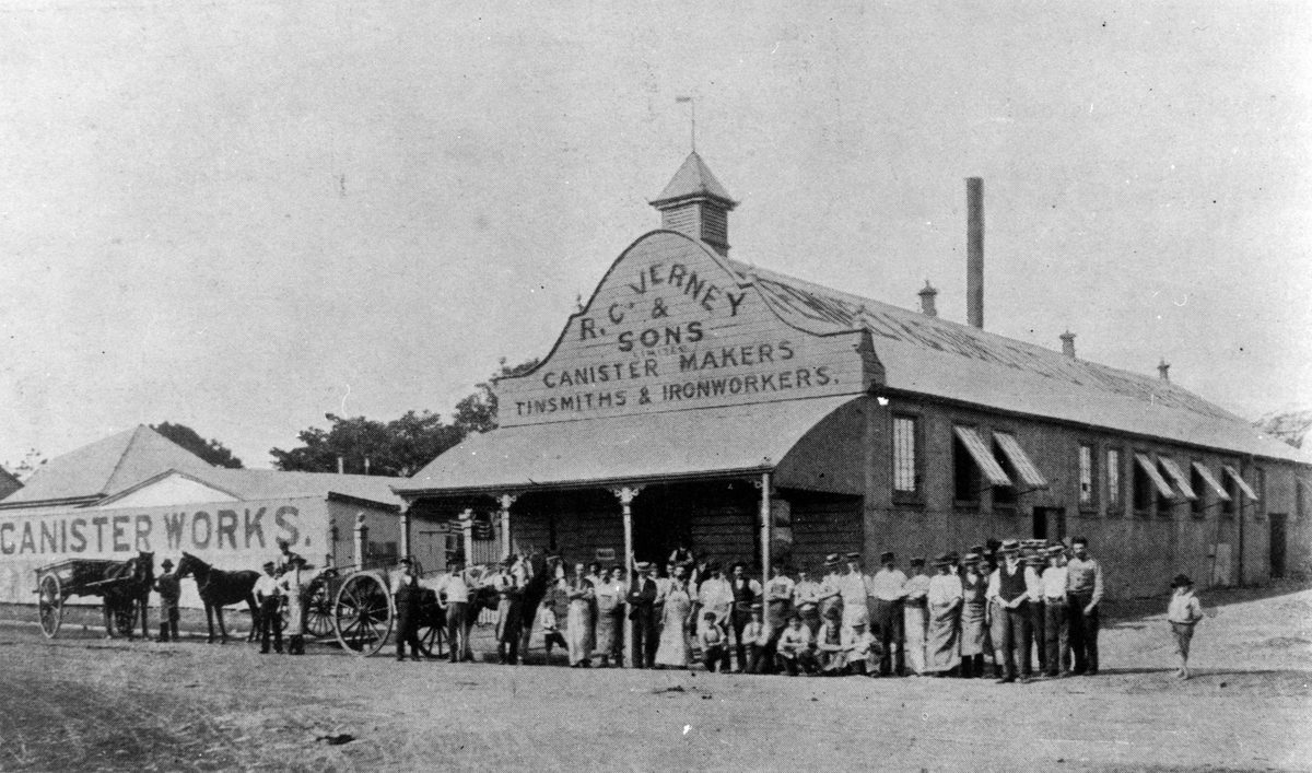 Staff standing outside R.C. Verney & Sons' factory in Doggett Street, Fortitude Valley, 1902