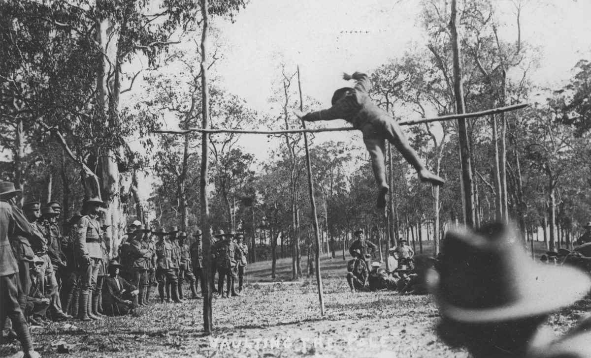 A soldier pole vaulting during the military sports at Enoggera Camp, Brisbane, 1915