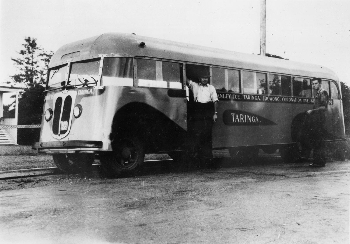 Side view of a parked Taringa bus, Brisbane 1950