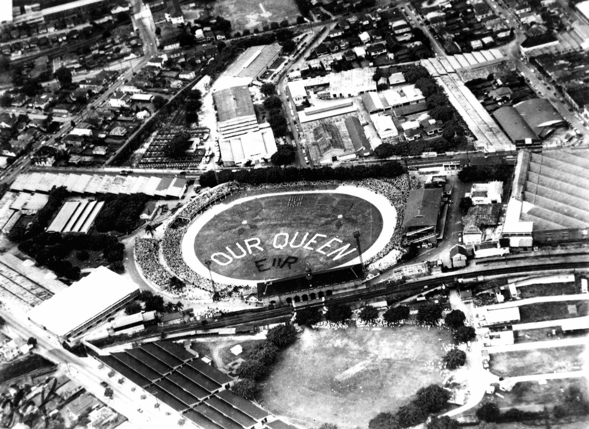 Aerial view of a display at the Exhibition Ground for Queen Elizabeth II, Brisbane, 1954, Bowen Hills