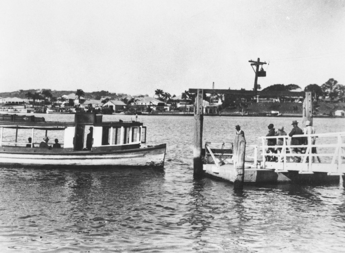 Bulimba ferry about to dock at the terminal, Brisbane, 1929