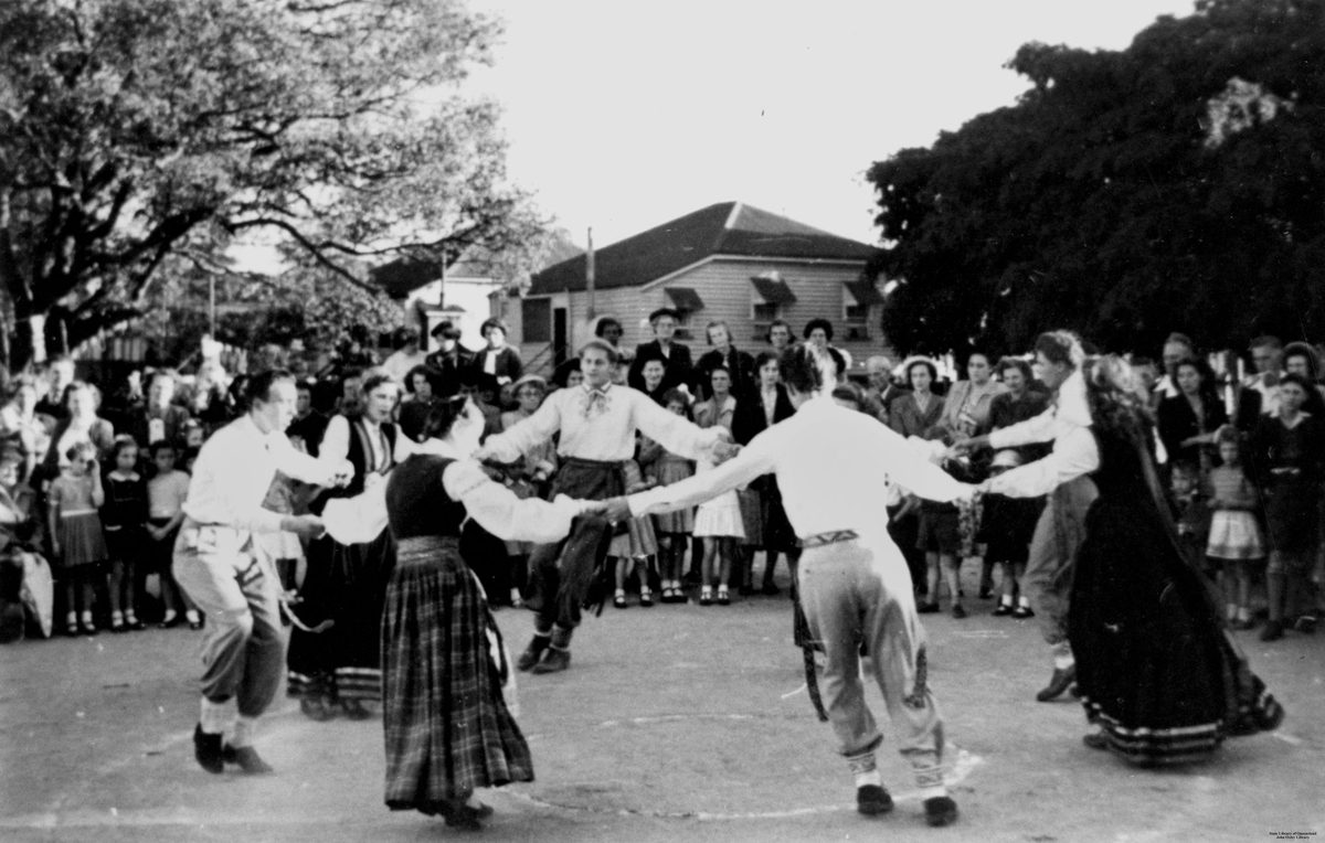 Latvian folk group dancing, Brisbane, 1953, Coronation Drive