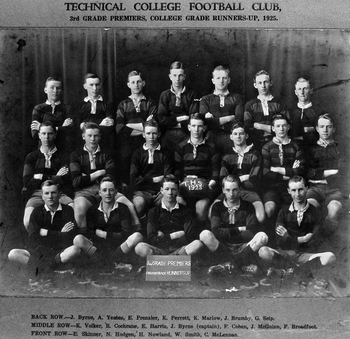 Rugby Union team from the Technical College, 3rd Grade Premiers and College Grade Runners-up, 1925, Brisbane
