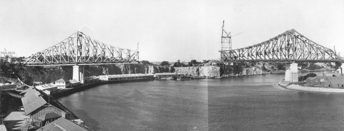 Panoramic view of Story Bridge, Brisbane, under construction, Kangaroo Point (1939)