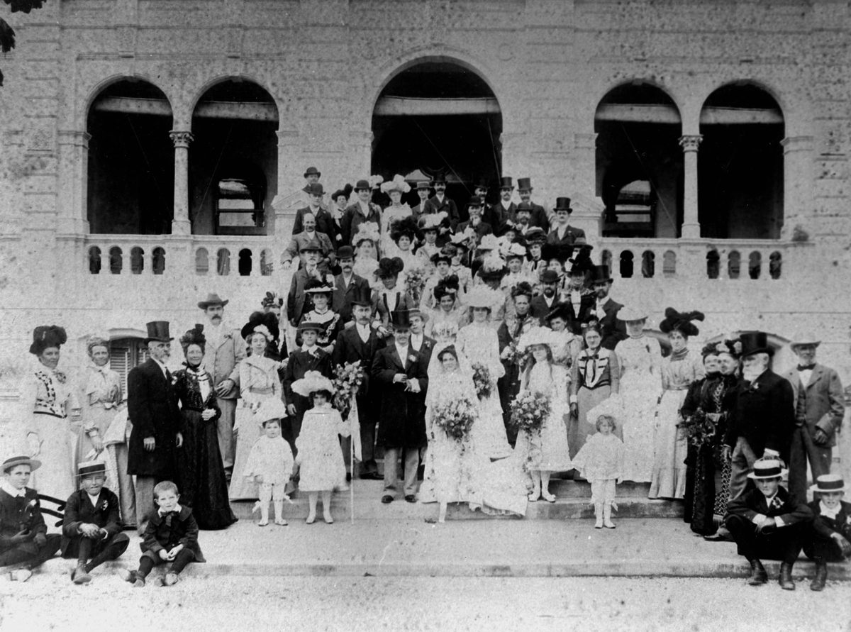 Wedding party on the steps of Brynhyfryd, Ipswich, 1901